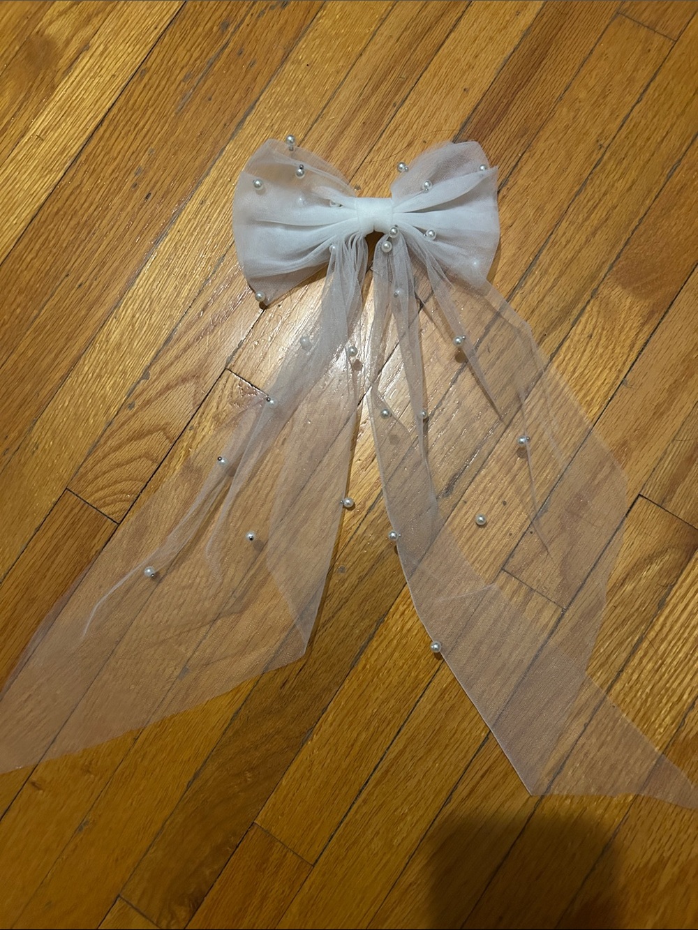 Sheer White Tulle Bow with Pearl Accents